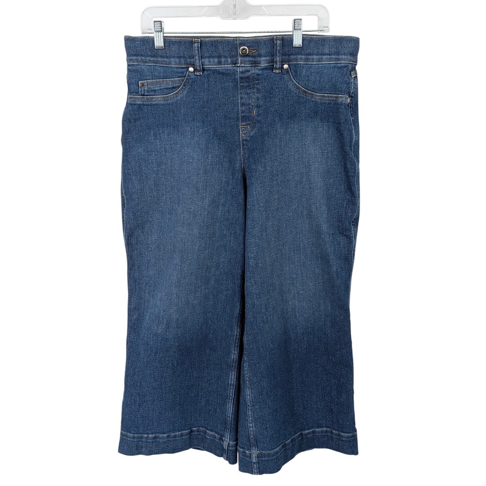 Spanx Cropped Wide Leg Jeans Women XL Blue Denim Pull On Stretch Casual Dark